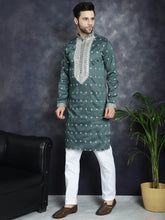 Men's Sequins Embroidered Kurta Pyjama Set ( JOKP P 5038Olive )